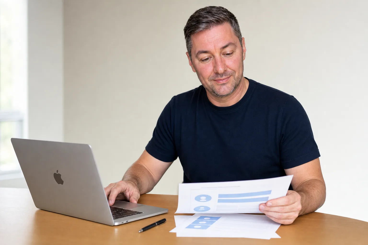 Wil Waldon reviewing a business action plan beside a MacBook
