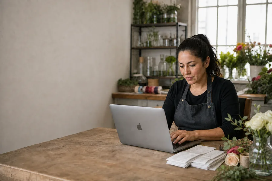 Business owner reviewing a workflow on a MacBook
