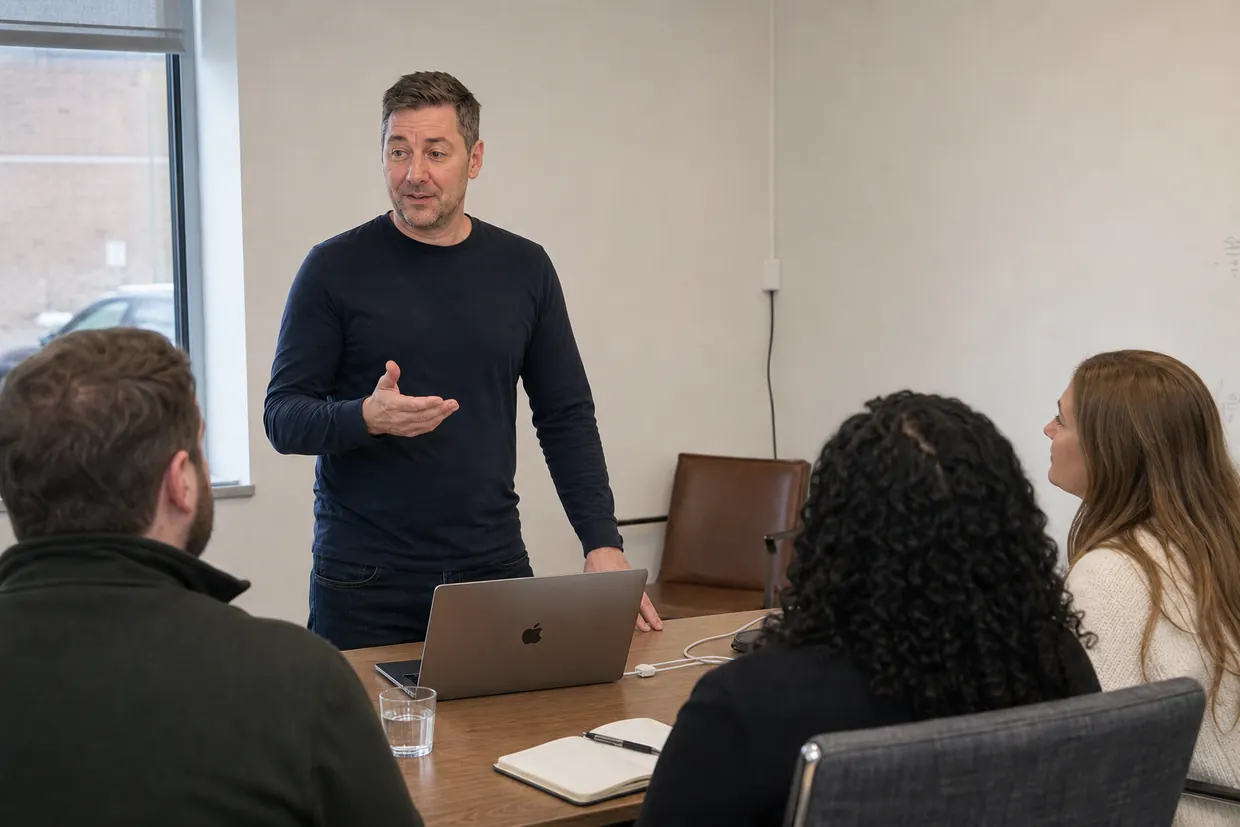 Wil Waldon discussing an AI workflow with a small team