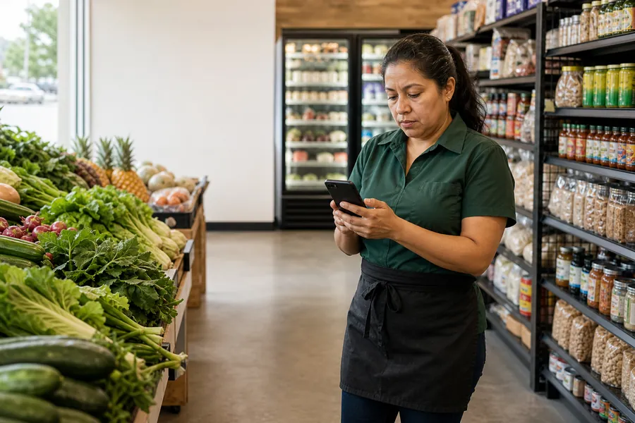 Grocery store manager checking an operational workflow on her phone