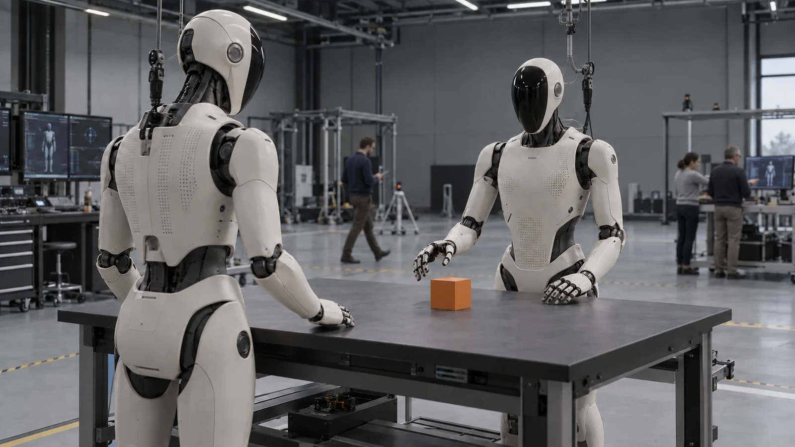 Aevun website imagery showing two humanoid robots working across a table in a robotics laboratory