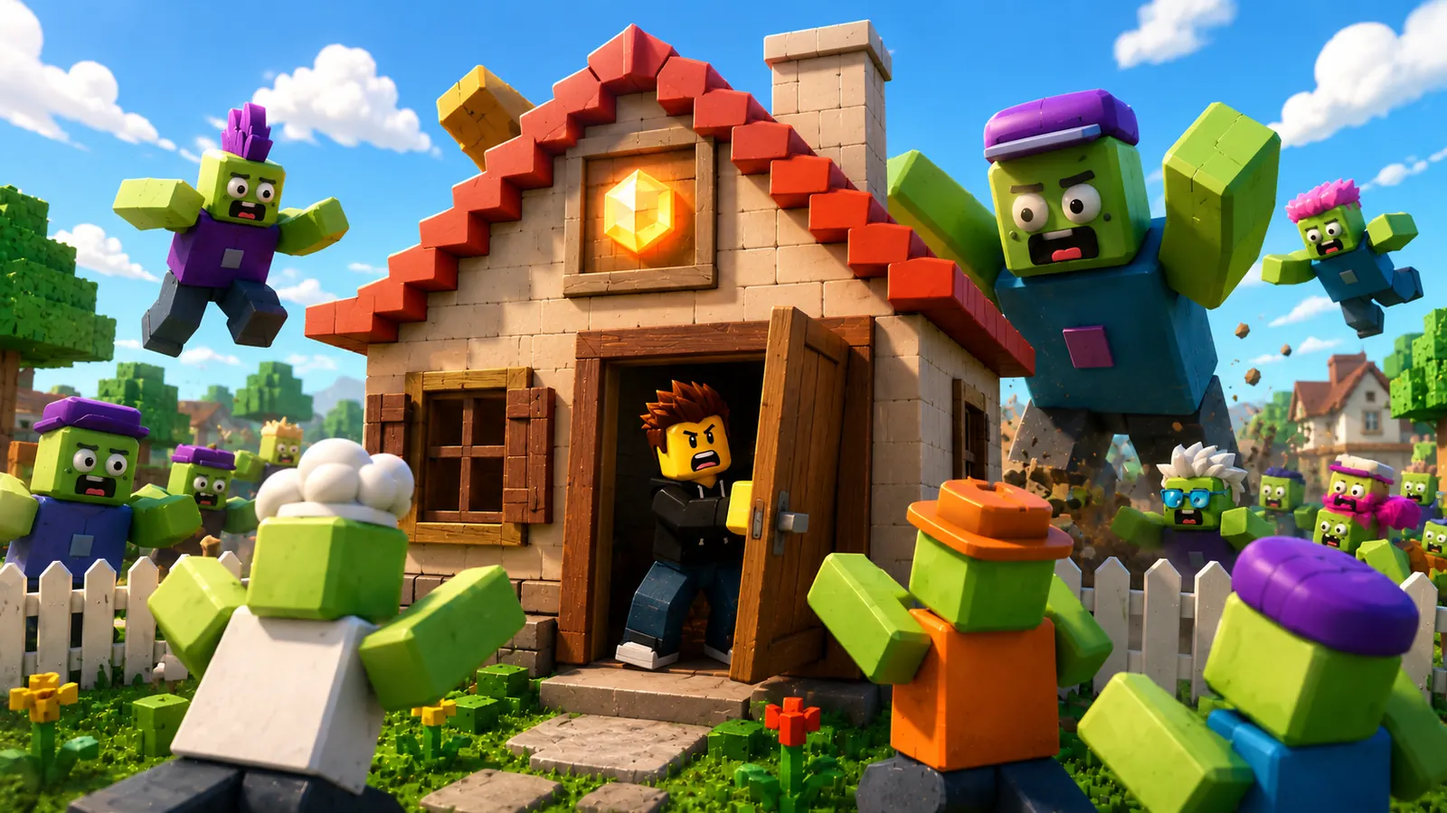 Defend Your House Roblox game with players protecting a house from green monsters