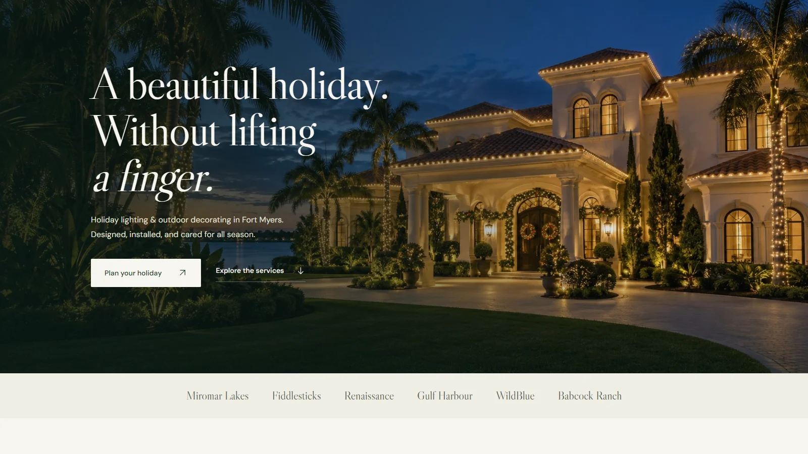 Evermere Holiday homepage with a holiday-lit home and the headline A beautiful holiday. Without lifting a finger.