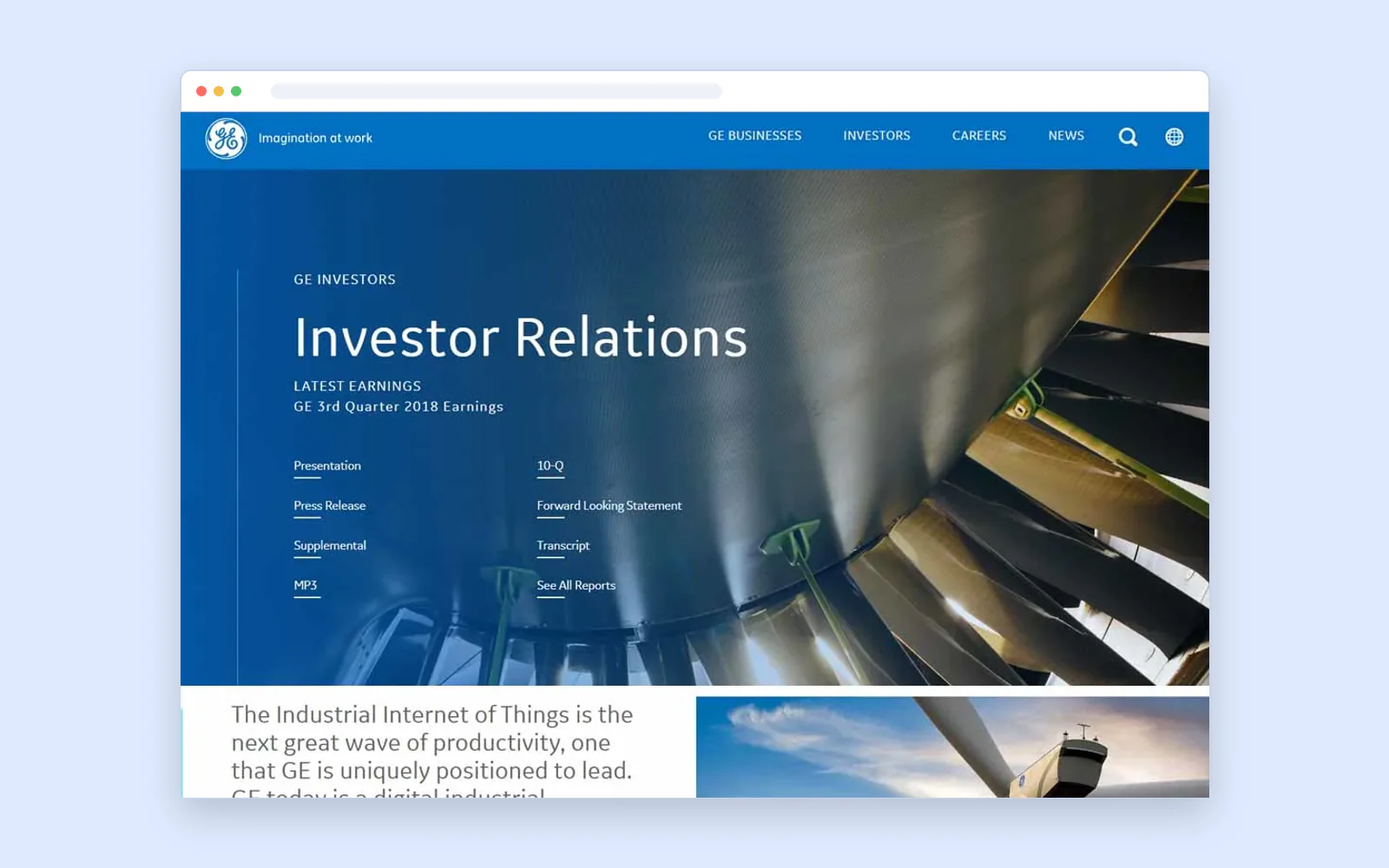GE Investor Relations website shown in a browser window