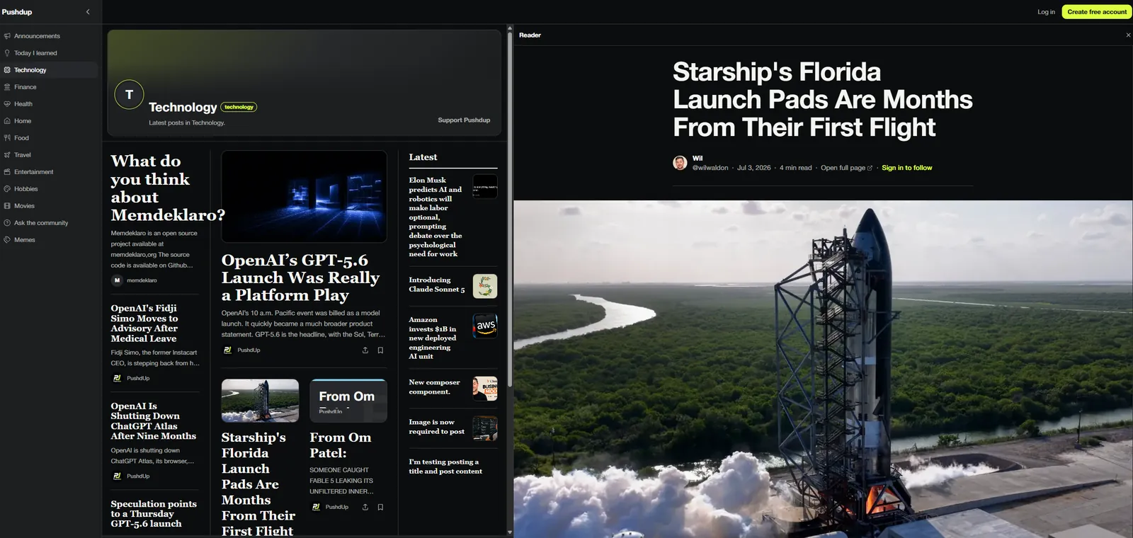 PushdUp technology channel and article reader interface