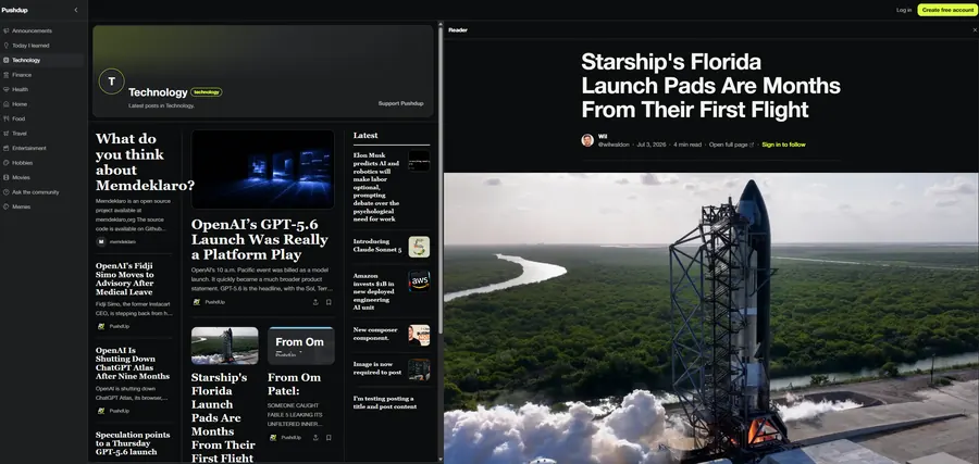 PushdUp technology channel and article reader interface