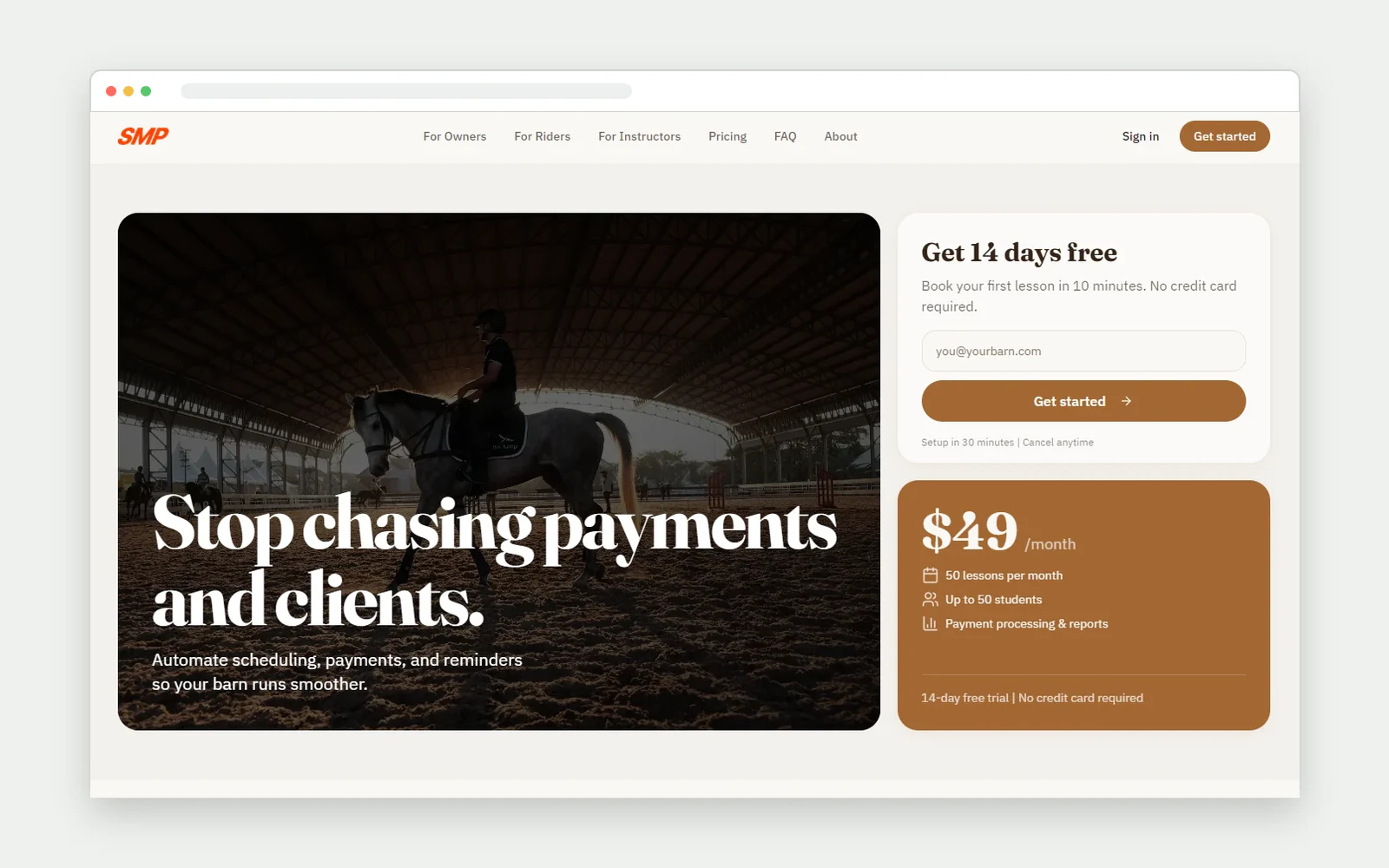 Stable Manager Pro marketing website shown in a browser window