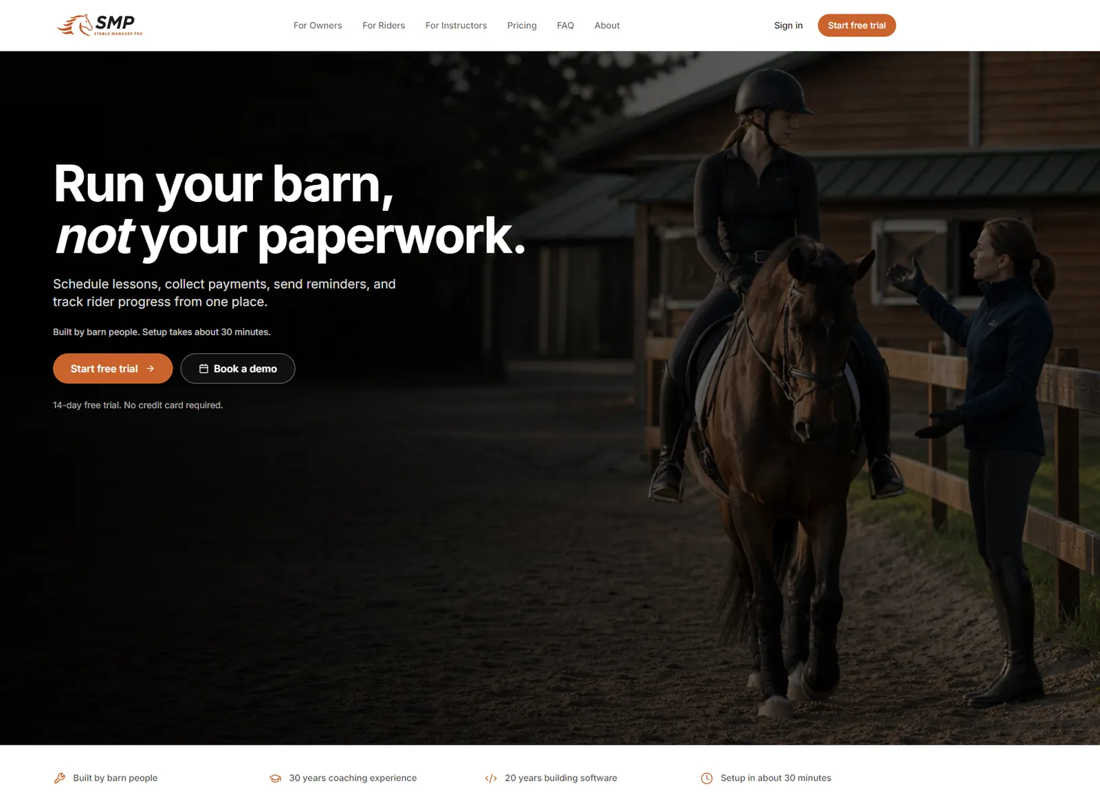 Stable Manager Pro homepage for managing lessons, payments, reminders, and rider progress