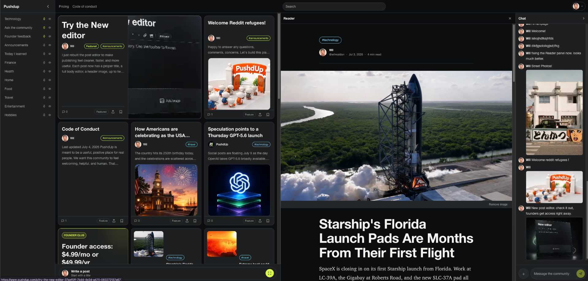 PushdUp community platform interface